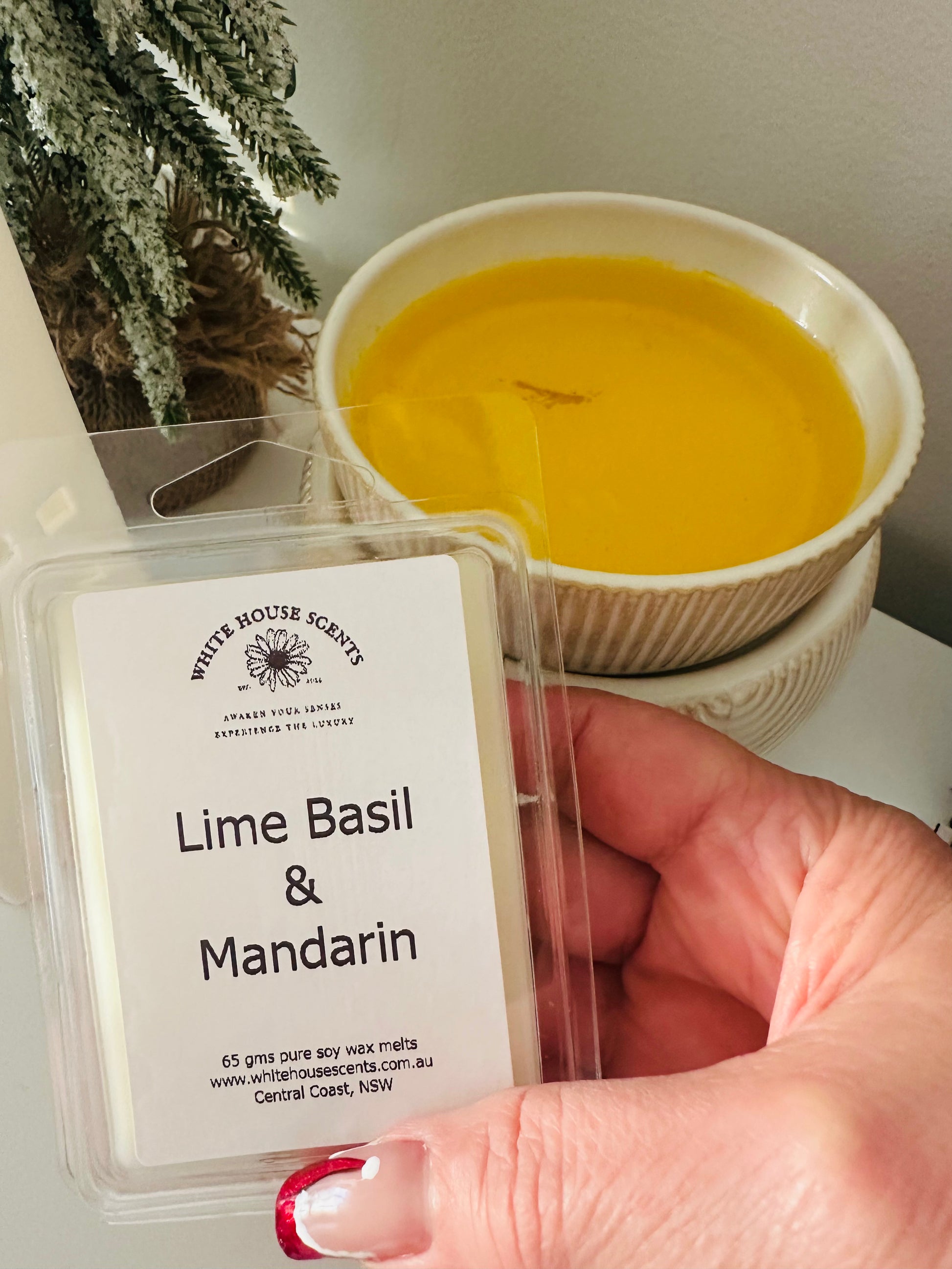 Hand holding a White House Scents 'Lime Basil & Mandarin' wax melt with a candle in the background.